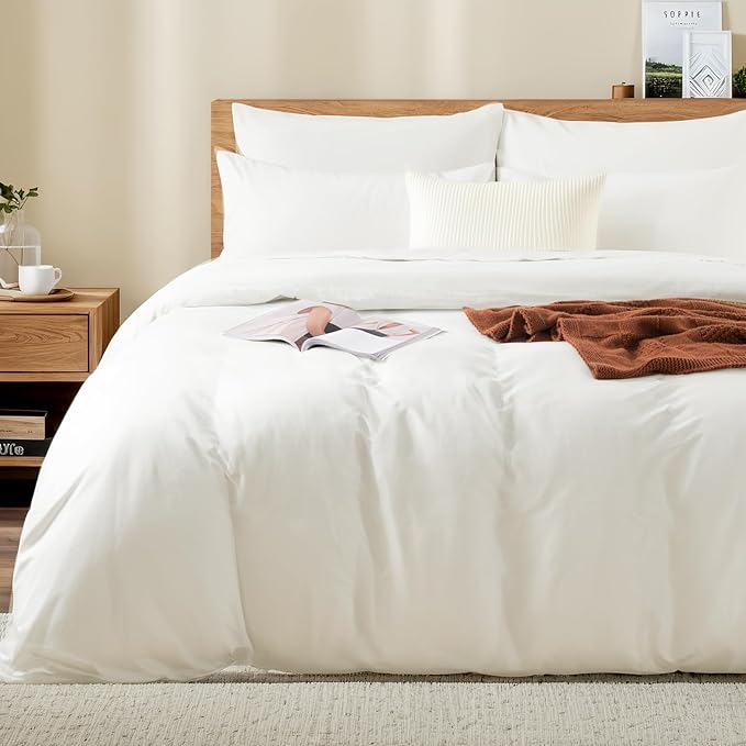 NEXHOME PRO Full Duvet Cover Set – 100% Certified Organic Cotton with Washed Feel & Linen-Like Texture, Comfortable & Breathable, Home Bedding Set Bright White (No Comforter) 8090