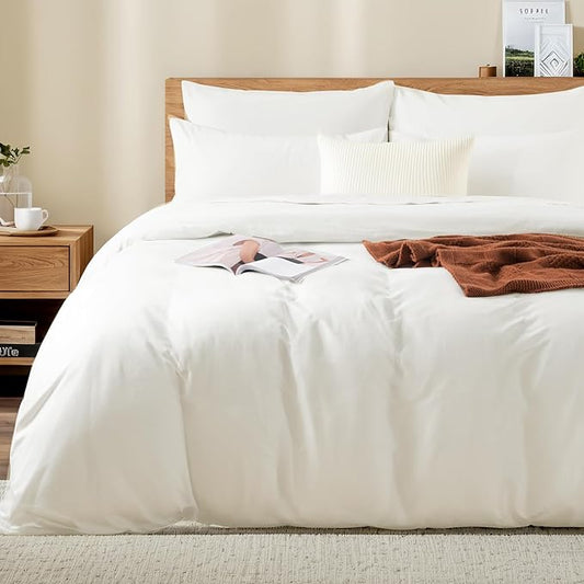 NEXHOME PRO Twin Duvet Cover Set 100% Certified Organic Cotton with Washed Feel & Linen-Like Texture, Comfortable & Breathable, Home Bedding Set Bright White (No Comforter)
