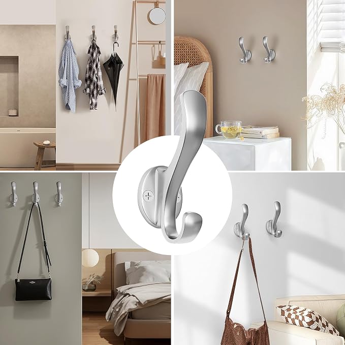 Coat Hooks Heavy Duty - Easy to Install Metal Towel Hooks Fashionable Wall Hooks for Hanging Hat, Towel, Key, Robe, Scarf, Bag, Cap (6 PCS Silver)