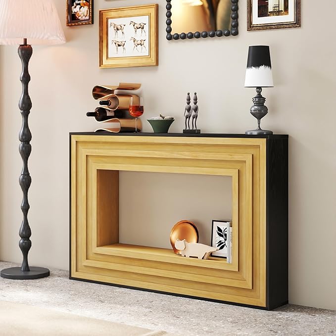 Wood Console Table, 47.24" Retro Long Boho Sofa Table Behind Couch with Layered Wood Frame and Black Top, Wooden Narrow Sofa Table Hall Table for Living Room Foyer Entrance Entryway, Natural