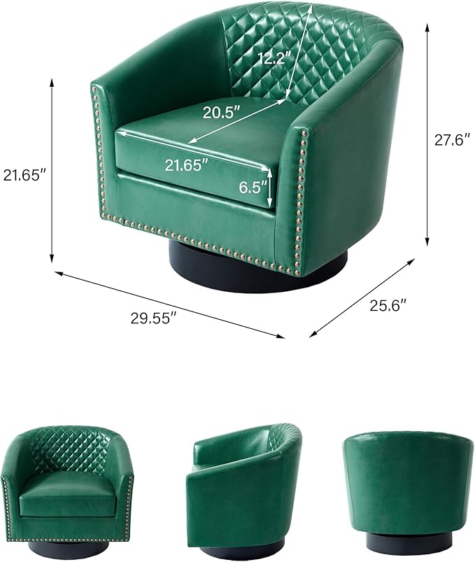 Swivel Barrel Accent Chair, Comfy Modern Upholstered Round Faux Leather Arm Chair for Living Room, Bedroom（Green, Set of 4
