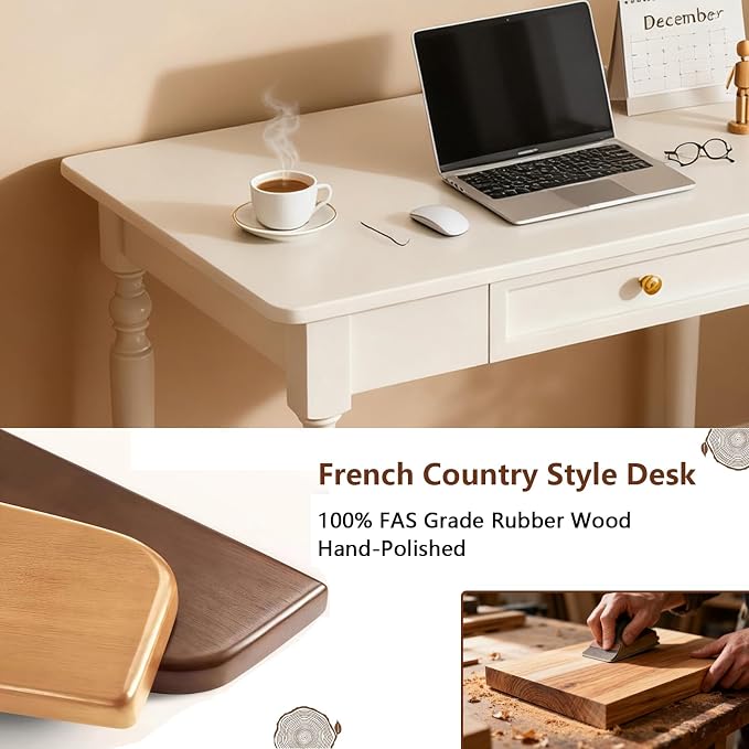 French Country Style White Writing Desks with Drawers, 47" Solid Wood Farmhouse Computer Table for Home Office, Living Room Study or Workspace (White)