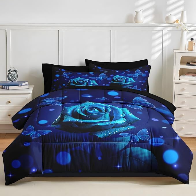 Nesker 7 Pcs Comforter Set King Size, Blue Rose Floral Flower Bedding Set for Kids and Adults, Romantic Valentine Bed Sheet Sets with Fitted Sheet 2 Pillowcases & 2 Shams
