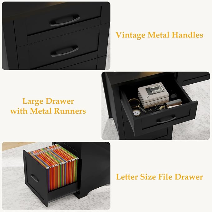 Farmhouse 47" Executive Desk with File Drawer, Wood Computer Desk with 3 Storage Drawers, Workstation for Home Office, Study, Writing(Black)