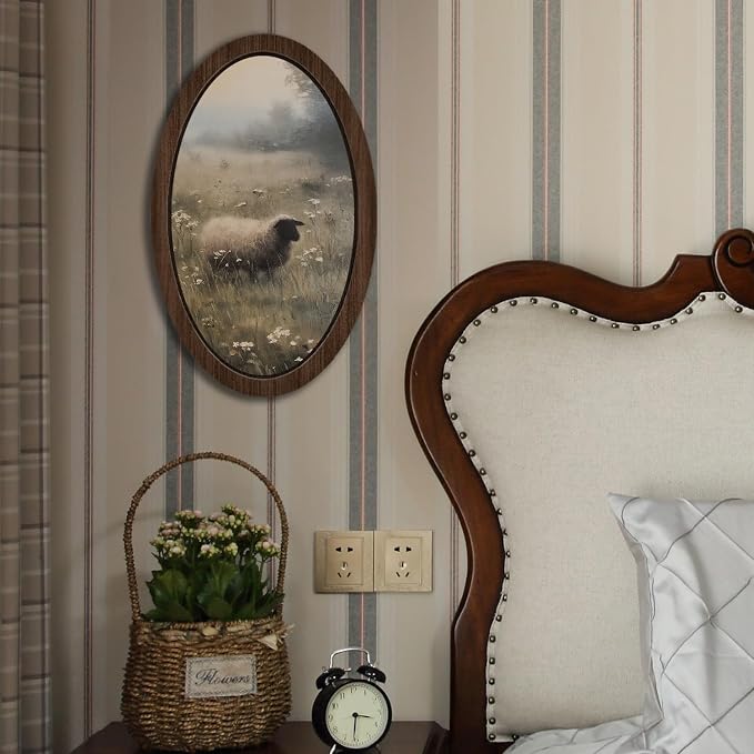 UYIKG Vintage Sheep Oval Wall Art,Rustic Farmhouse Cottagecore Lamb Oval Wall Decor,Farmhouse Country Black Sheep Wooden Framed Decor for Home Bedroom Living Room Reading Room 9x14.6 in