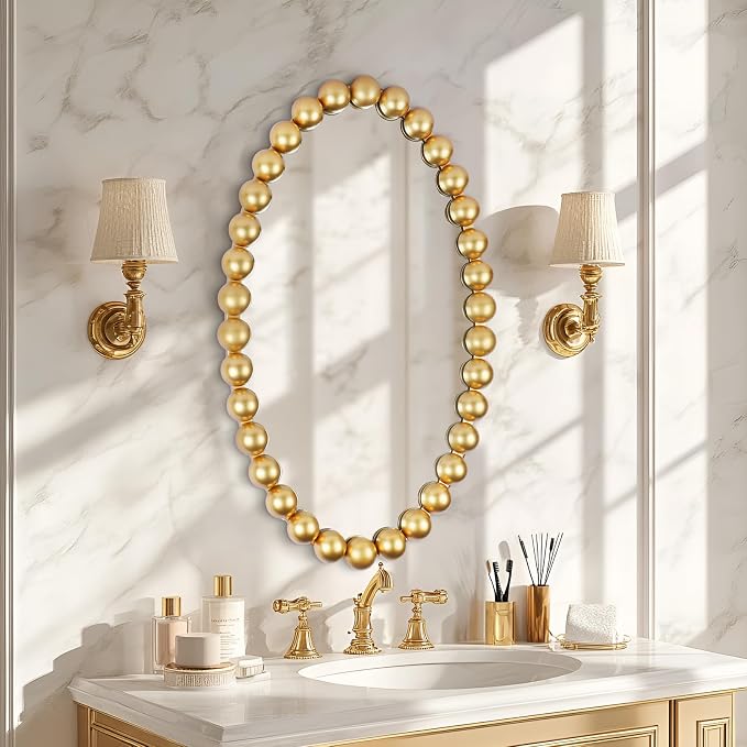 Oval Round Wall Mirror - 30 Inch Decorative Framed Bathroom/Living Room Accent Mirror with Beaded Ball Trim - Vintage Modern Style