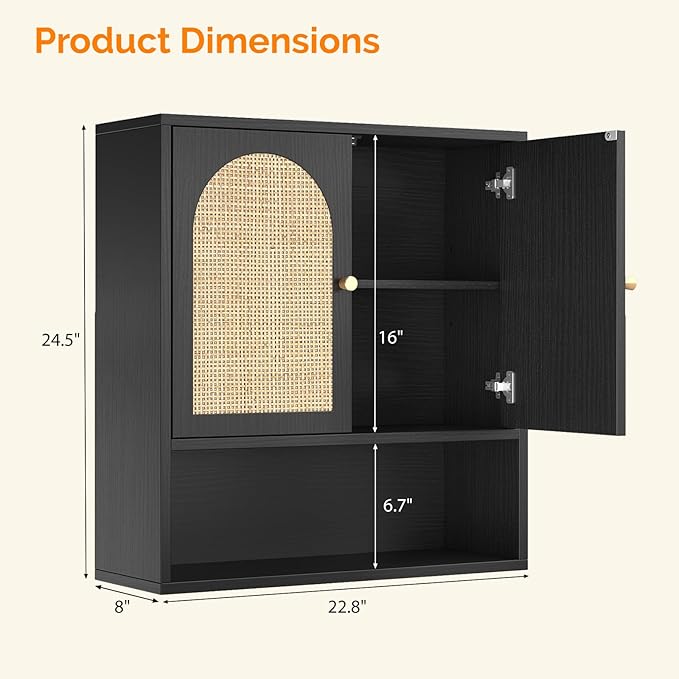 VINGLI Black Rattan Medicine Cabinet Wall Mounted, Arched Modern Farmhouse Storage Over Toilet with Adjustable Shelf & Soft-Close Doors, Moisture-Resistant Cane Webbing Organizer