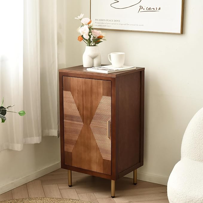 eHemco Modern End Table with Storage, Two-Toned Ribbed Parquet Design, 17 x 14 x 30 Inches, Antique Walnut and Natural Finish