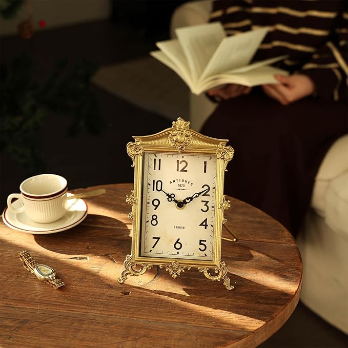 NIKKY HOME Vintage Gold Table Clock, Silent Non-Ticking Battery Operated Retro Desk Shelf Mantel Small Metal Clock for Living Room Decor