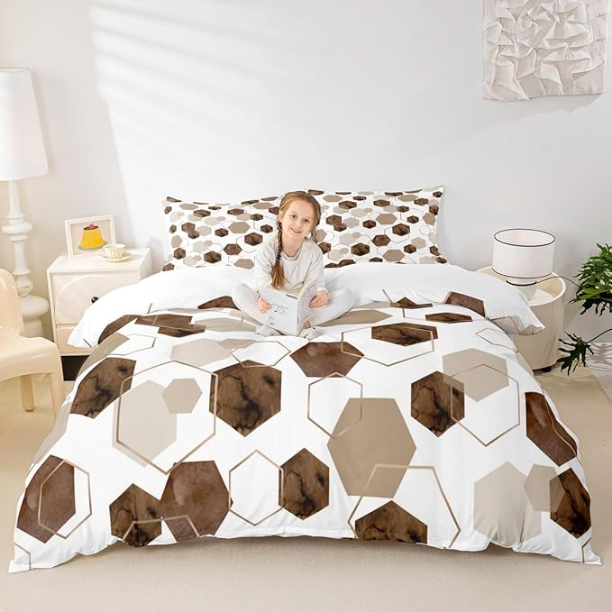 Erosebridal Brown Geometric Duvet Cover | Royal Blue Modern Abstract Kids Bedding Sets Geometric Marble Art Bed Set Twin | Watercolor Hexagon Print Bed Cover for Men Women