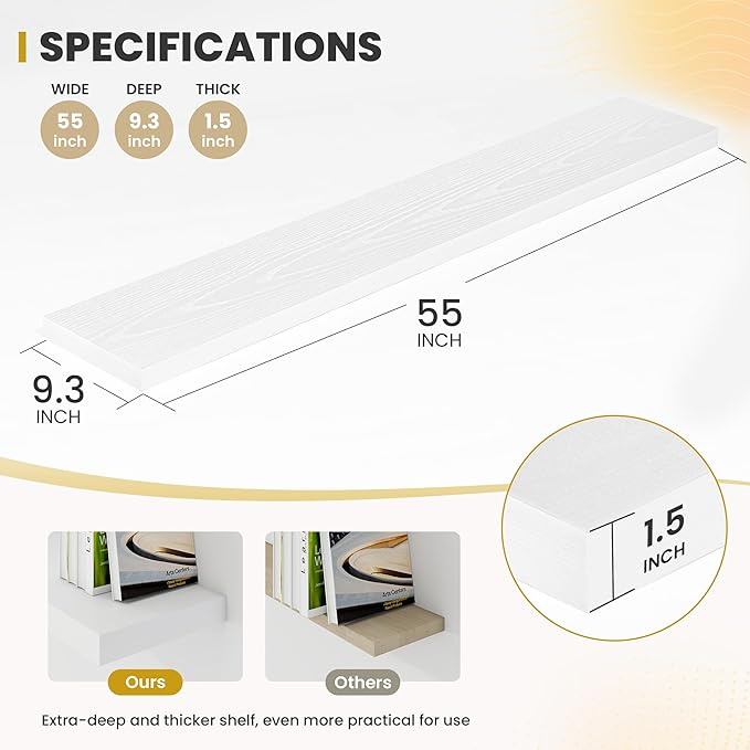 55 Inch Floating Shelves, 9.3" Deep Floating Shelf Wall Mounted, 56" Wall Shelves, Rustic Deep Bookshelf, Large Display Shelves & Storage Shelves for Bedroom, Living Room, White, Set of 2