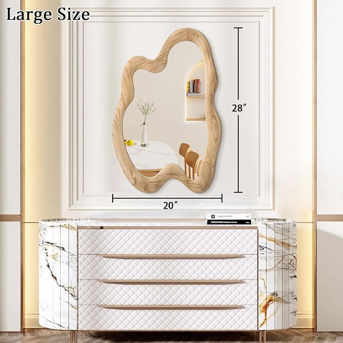 AAZZKANG Asymmetrical Wooden Wall Mirror, Rustic Irregular Wall Mount Mirror 28"x20" Vanity Mirror for Bathroom, Bedroom, Living Room, Hallway