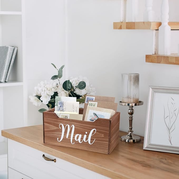 Elegant Designs HG2010-NMW Rustic Farmhouse Wooden Tabletop Decorative Script Word Mail Organizer Box, Letter Holder Office-Accessories-and-décor, Natural Wood/White