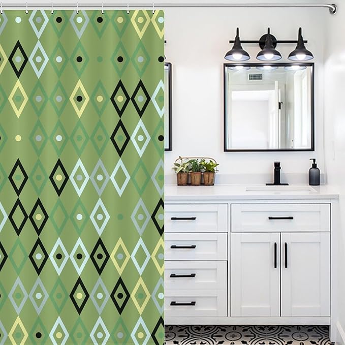 Vintage Mid Century Geometry Shower Curtains, Modern Green Diamond Pattern Thermal Insulated Privacy Washable Waterproof Fabric for Bathroom Decor Bathtub with 12 Hooks 72x72in (183x183cm)