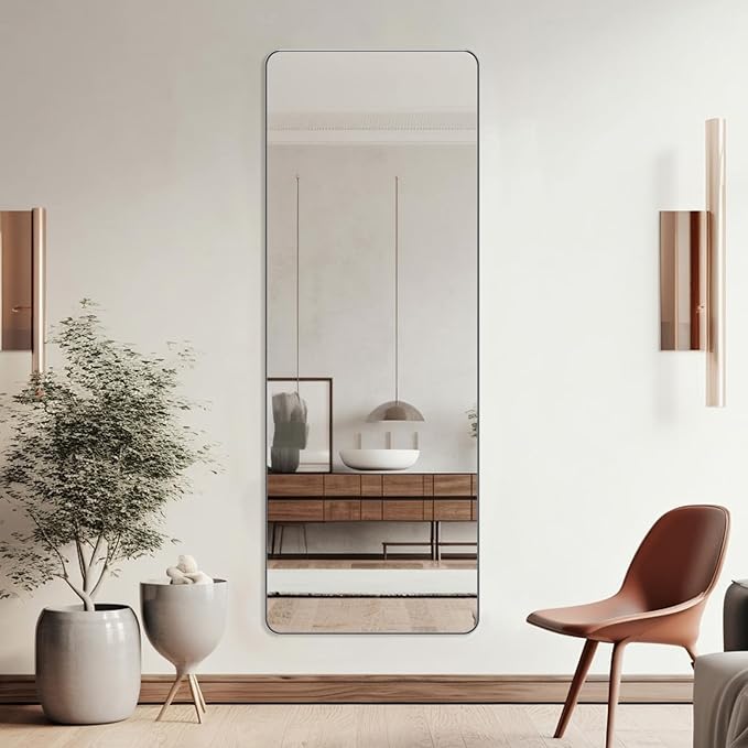 ANDY STAR 18" x 48" Full Length Wall Mirror, Large Brushed Nickel Mirror for Bathroom, Rounded Corner Rectangle Body Mirror for Floor and Leaning