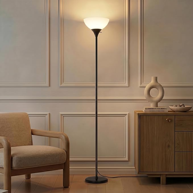 Brightech Sky Dome Dimmable LED Floor Lamp, Torchiere Floor Lamp for Living Room, Bedroom, & Office – Tall Torch Standing Lamp for Reading, Modern Home Decor – Jet Black