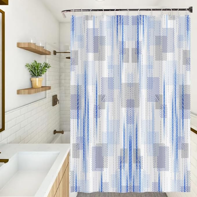 Abstract Style Shower Curtain Blue Grey Geometric Lines Pattern Shower Curtains for Art Aesthetic Bathroom Waterproof Fabric Decor Set with Hooks, 72W x 84H Inch