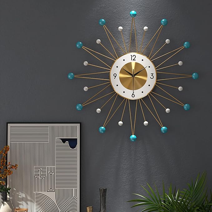 Modern Sunburst Wall Clock,Mid Century Large Metal Vintage Wall Clock for Living Room Decor,Silent Non Ticking Battery Operated,Blue,22"
