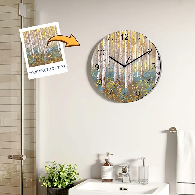 Trees Yellow Blue Forest Painting Art Style Wall Clock Battery Operated Non-Ticking 12" Round Wood Clocks, Kitchen Wall Clock for School Bathroom Living Room Home Office Wall Decor