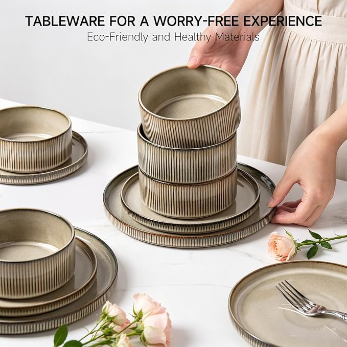 MONITO Ceramic Dinnerware Sets for 4, 12PCS Stoneware Plates and Bowls Sets, Reactive Glaze Dish Set, Chip and Scratch Resistant Double, Microwave and Dishwasher Safe, Brown