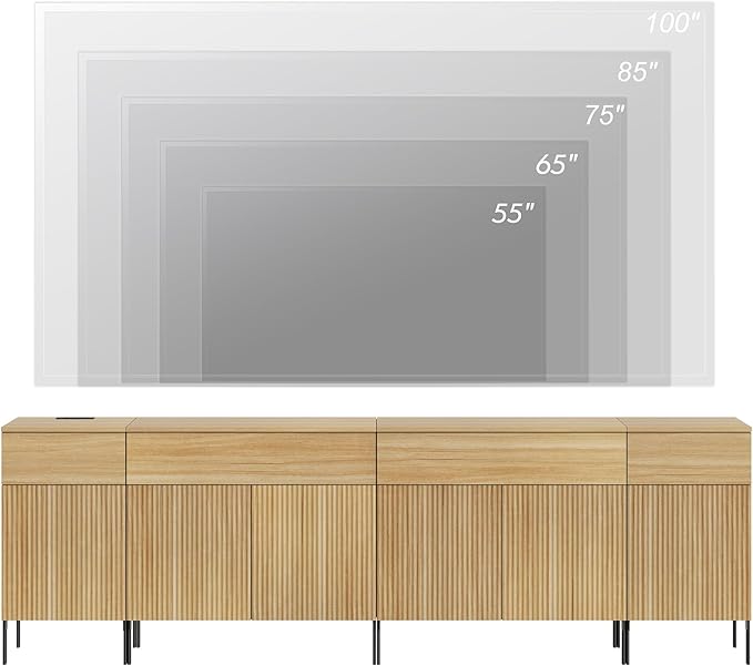 WAMPAT 94.5" Large Sideboard Buffet Cabinet with 4 Drawers & 5 Doors, 4-in-1 Fluted Storage Cabinet with Charging Station, Modern Buffet Table Coffee Bar Wine Bar Cabinet for Dining Room, Oak