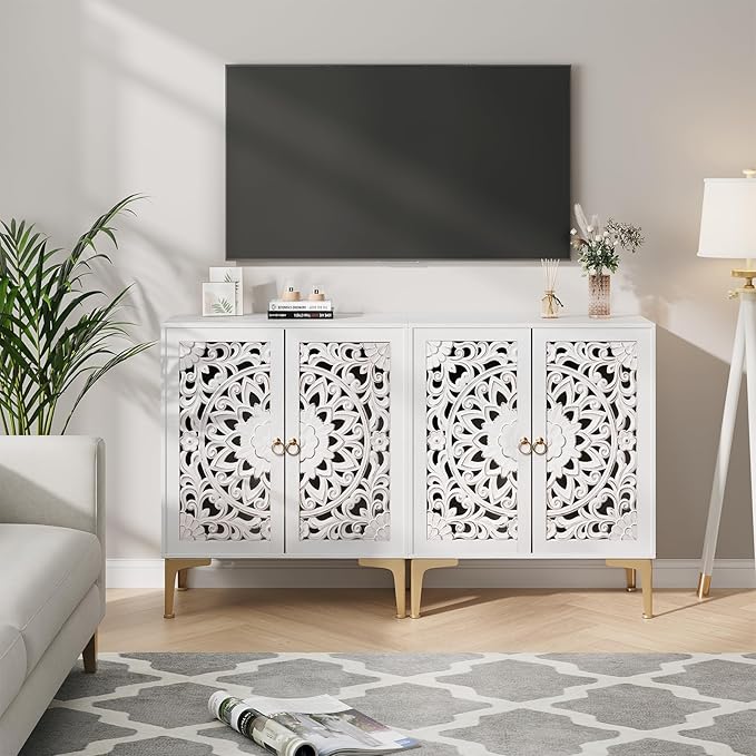 31.5" Accent Cabinet with Mandala Carved Doors, White Boho Sideboard for Storage, Coffee Bar Cabinet & Entryway Table with Gold Legs, Decorative Buffet Cabinet for Dining Room, Living Room