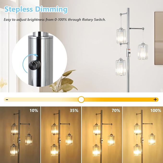 Modern Crystal Floor Lamp for Living Room, 3 Lights Dimmable Standing Lamp, Industrial Silver Tree Lamp with Crystal Shade, Dimmer Switch, 65" Tall Corner Lamp for Bedroom Reading, Chrome