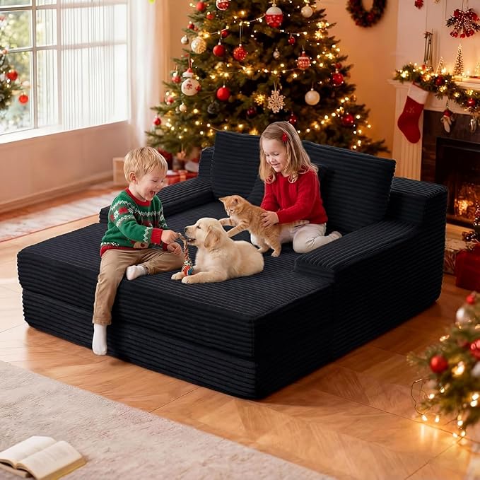 59" W Oversized Chaise Lounge Chair Indoor - 3060D Memory Foam (Springless Design), Corduroy Fabric, No Need Assembly, Boneless Chaise Lounge Sofa for Living Room, Bedroom,Black
