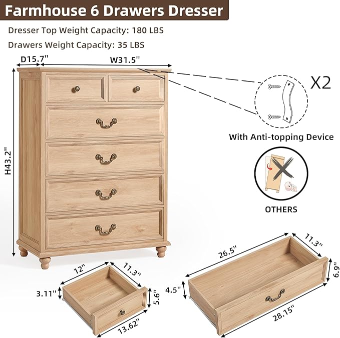 Farmhouse 6 Drawer Dresser Set of 2 for Bedroom, 42" Tall Rustic Chests of Drawers w/ 4 Solid Wood Feet, Mid Century Vintage Wooden Closet Storage Dressers Organizer for Living Room,Natural