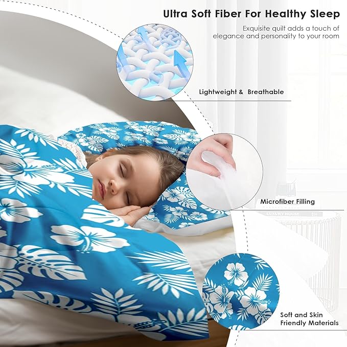 Pamnest Comforter Set Queen Size, Blue Hawaiian Flower Soft 3 Pcs Bedding for Kids and Adults, Hibiscus Beach Surf Comforter Set with 2 Pillowcases for Bedroom Bed Decor
