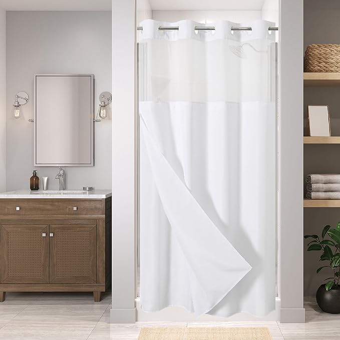Stall No Hooks Needed Linen Textured Shower Curtain with Snap-in Fabric Liner Set,Hotel Luxury Decor Shower Curtains for Bathroom,Waterproof & Washable,54Wx74H,White