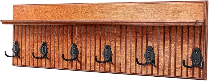 Rustic Wall Mounted Coat Rack with Shelf Wooden Entryway Organizer with 5 Metal Hooks for Coats Hats Towels Keys Floating Storage Shelf for Bathroom Bedroom (Mango Oxide, 40 inch Striped (4 Hooks))