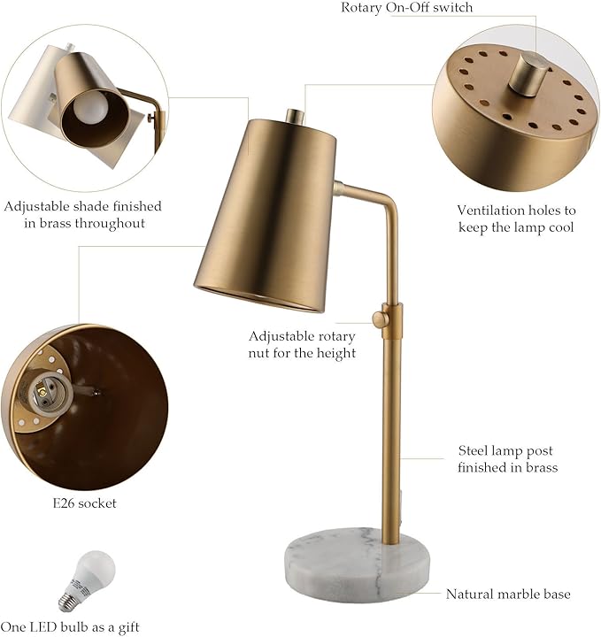 VONLUCE Gold Desk Lamp with LED Bulb Adjustable, Antique Brass Metal Table Lamp Marble Base, Mid Century Modern Reading Lamp Office, 20’’ Industrial Task Lamp Work Lamp for Reading Bedroom
