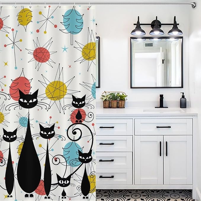 Mid Century Modern Shower Curtain,Retro 60s Abstract Atomic Cat Diamonds Geometric Bathroom Curtain Polyester Waterproof Fabric Decor 66x72in（168x183cm）