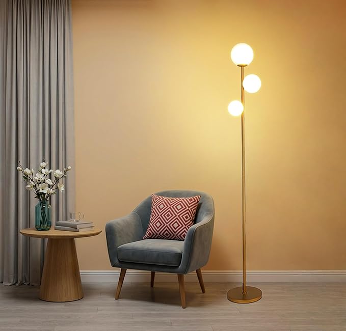 Fiqevs 3 Globe Mid Century Modern Floor Lamp for Living Room, Gold Floor Lamp with Frosted Glass Shade and LED Bulbs, Warm Light Standing Tall Pole Lamp for Bedrooms, Office - Antique Brass