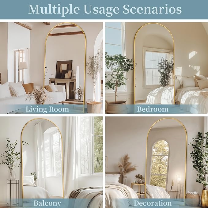Full Length Mirror with Stand, 78"x38" Arched Full Body Mirror, Large Stand Up Mirrors, Aluminum Frame Floor Standing Mirrors, Freestanding Hanging Leaning Mounted for Bedroom Living Room, Gold