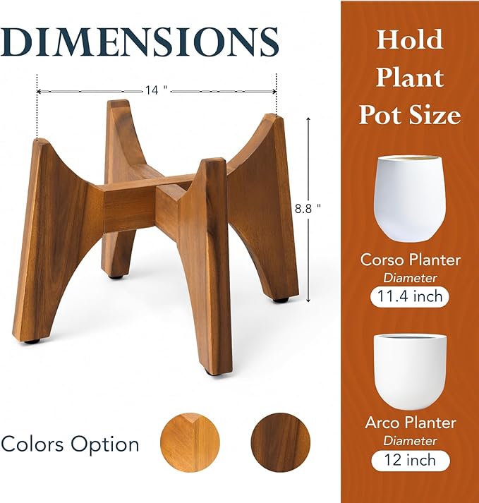 KUTE NEST 8.8" H x 14" W Acacia Solid Wood Plant Stand, Mid Century Plant Holder for Outdoor & Indoor Use, Ideal for Corso & Arco Planter, Walnut Finish for Modern Home (Walnut, Low - Small)