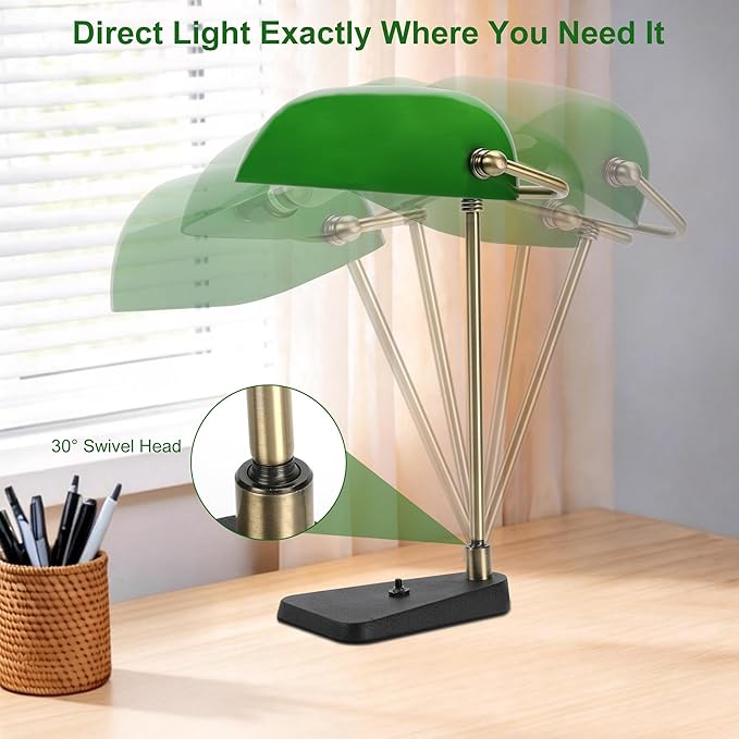 Green Bankers Desk Lamp, Antique Brass Frame & Black Base | 2.9lb Heavy Duty Cast Iron Base, 30° Swivel Head, Push Button Switch, Classic Decor for Home & Office