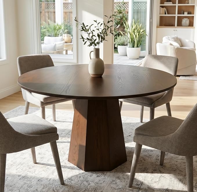 BESTANO 39” Round Solid Wood Dining Table for 4-5 People, Modern Pedestal Small Kitchen Table Circle Tabletop with Walnut Wood Grain Finish, Saving Space, Walnut