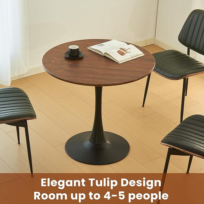 Round Dining Tulip Table for 4, Mid-Century Modern Table with Sturdy Metal Pedestal for Kitchen, Bistro, Cafe, Leisure (Faux Walnut, 31.5 INCH)