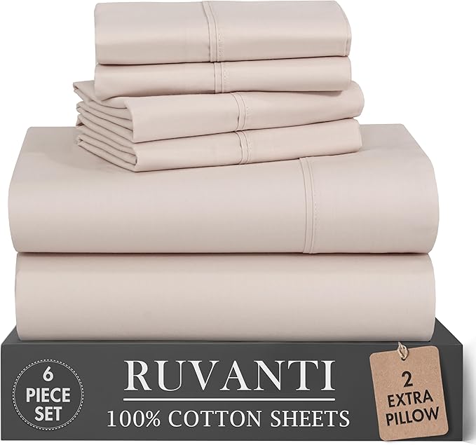 RUVANTI 100% Cotton Percale Sheets Queen Size 6 Piece Set, Cooling Bed Sheets for Hot Sleepers, Deep Pocket 16”, Breathable Lightweight & Durable, Crisp Hotel Style Sheets, Soft Beige