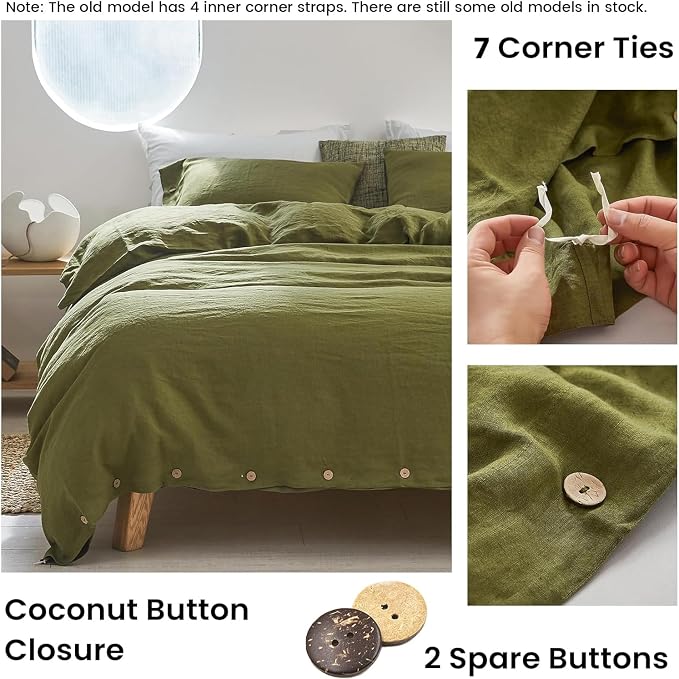 Simple&Opulence 100% Linen Duvet Cover Set 3pcs with Coconut Button Closure Natural French Washed Flax Solid Color Soft Breathable Farmhouse Bedding - Olive Green, Full Size
