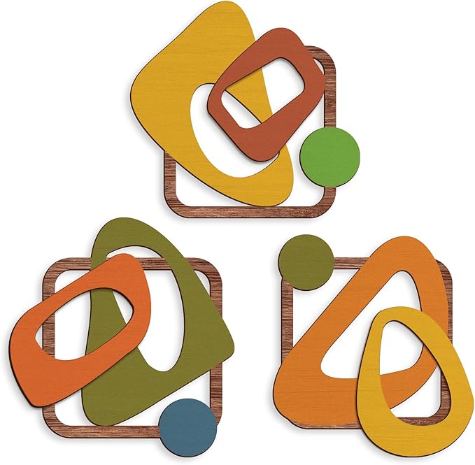 Pigort 3 Pcs Wooden Abstract Wall Art Mid Century Modern Wall Art 3D Modern Elegance Wall Decor Geometric Wall Decoration for Home Living Room Office 12.2x13inch
