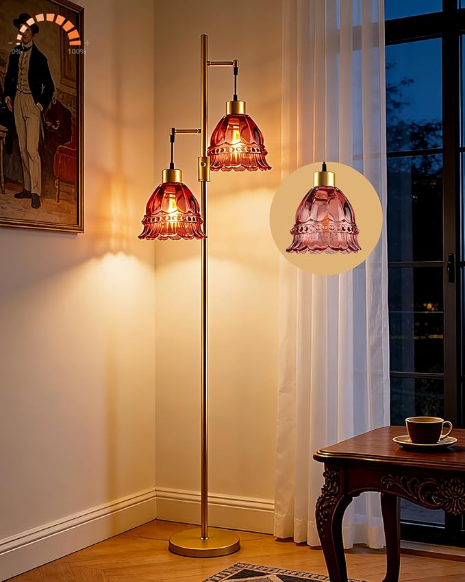 2-Light Modern Glass Floor Lamp, Gold Tall Standing Lamp with Deep Red Lace Glass Shade for Reading, Dimmable LED Floor Lamp with 5Lbs Heavy Base for Living Room Bedroom Home Decor, Bulb Included
