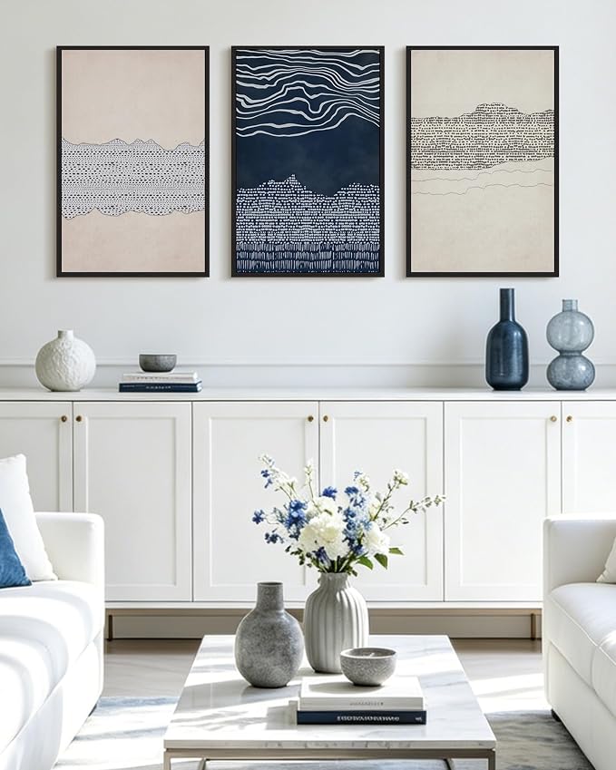 KUVIOKE Navy Blue Abstract Framed Wall Art Modern Neutral Minimalist Wooden Pastel Boho Wall Decor Farmhouse Rustic Art Painting Home Decor 16x24in (Black Framed)