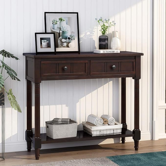 SOFTSEA Farmhouse Console Table with Drawers & Shelf, 35" Entryway Table with Storage, Solid Wood Sofa Couch Table for Hallway, Espresso