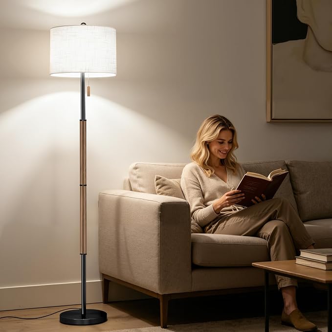 62" Mid Century Modern Floor Lamp, Black-Brown Standing Lamp with 3-Color Temperature & Pull Chain, Weighted Anti-Tip Base for Safety, Floor Lamps for Living Room Bedroom Corner (6500K Bulb Included)