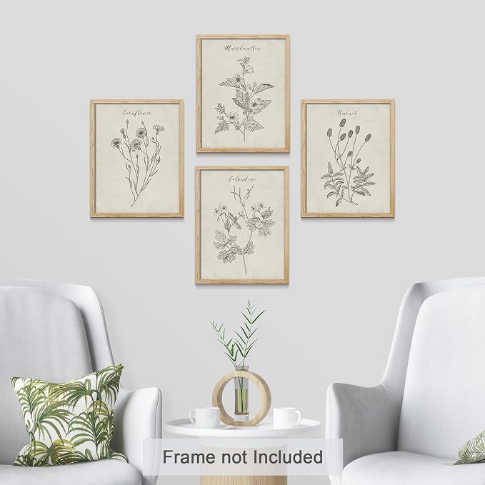 SIGNWIN Poster Bathroom Decor, Wall Art Room Decor Multicolor for Living Room, Bedroom, Office Vintage Wildflower Plant Collage Drawing Nature Wilderness Plant Art Floral Botanical - 12"x16"x4