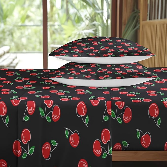 Pamnest Full Size Bed Sheet Sets, Red Black Cherry Fruit Soft Microfiber 4 Pcs Bedding Sets for Kids and Adults Bedroom Bed Decor, Retro Leaf Summer Flat, Fitted Sheet and 2 Pillowcases