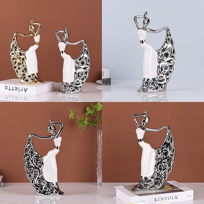 DOVDOV Abstract Ceramic Peacock Dancer Statue, Female Ballerina Decoration, Gold and Silver Home Decor Trinkets for Dance Studio Living Room TV Cabinet Console Dresser Entryway Countertop Decoration